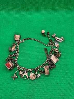 Vintage Sterling Silver Mechanical Charm Bracelet 20 Charms Articulated WWII Era